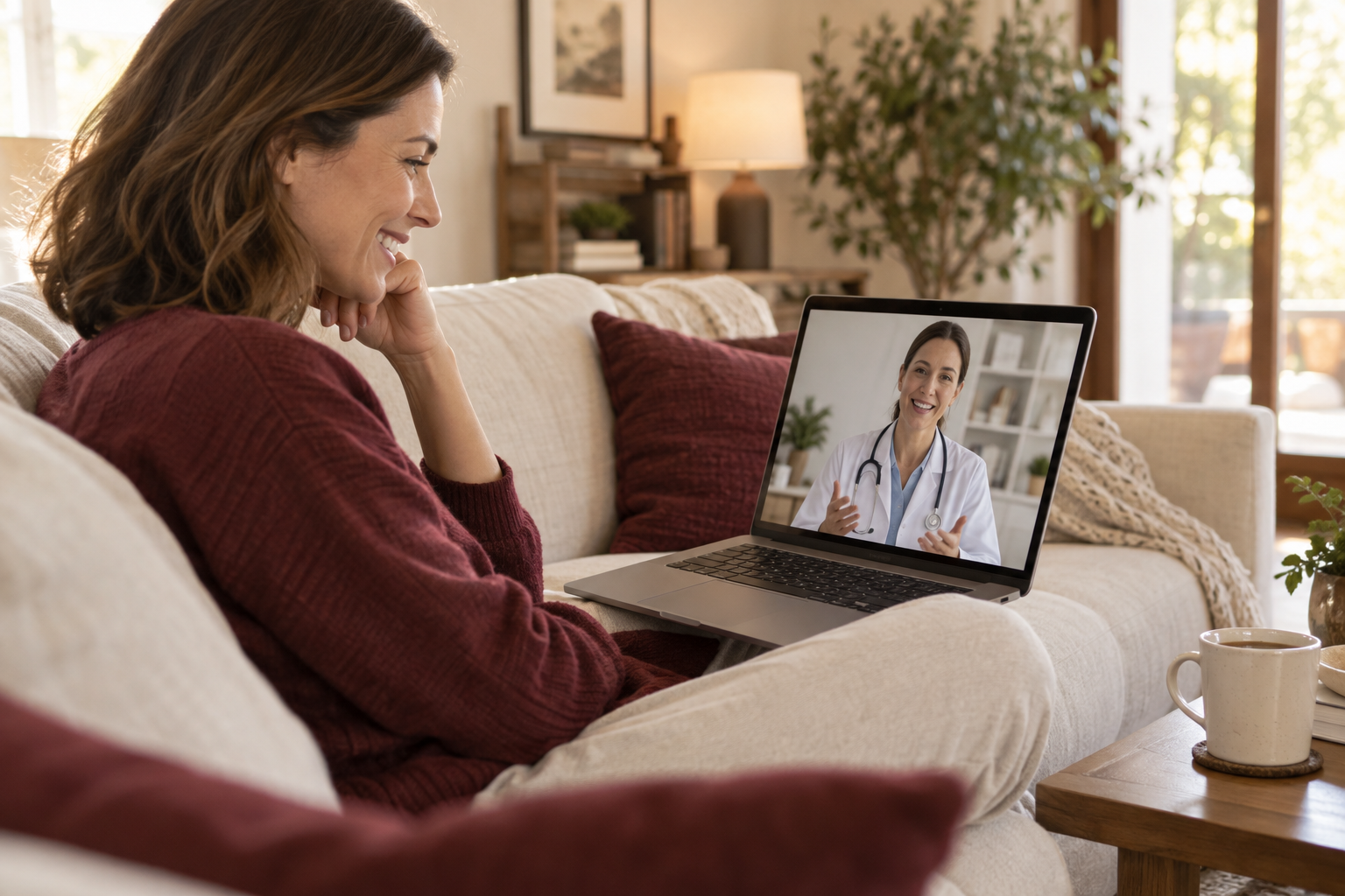 A woman on a video consultation with a clinician