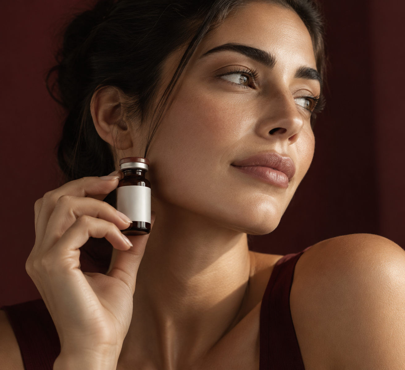Close-up of a woman holding a Healthaide vial near her face